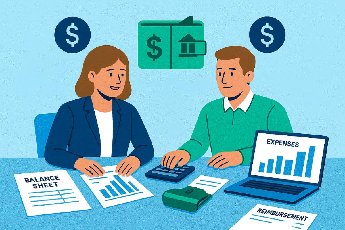 financial-management-and-capital-contributions.webp Co-founders analyzing equity distribution and financial planning with balance sheet and expense reports.