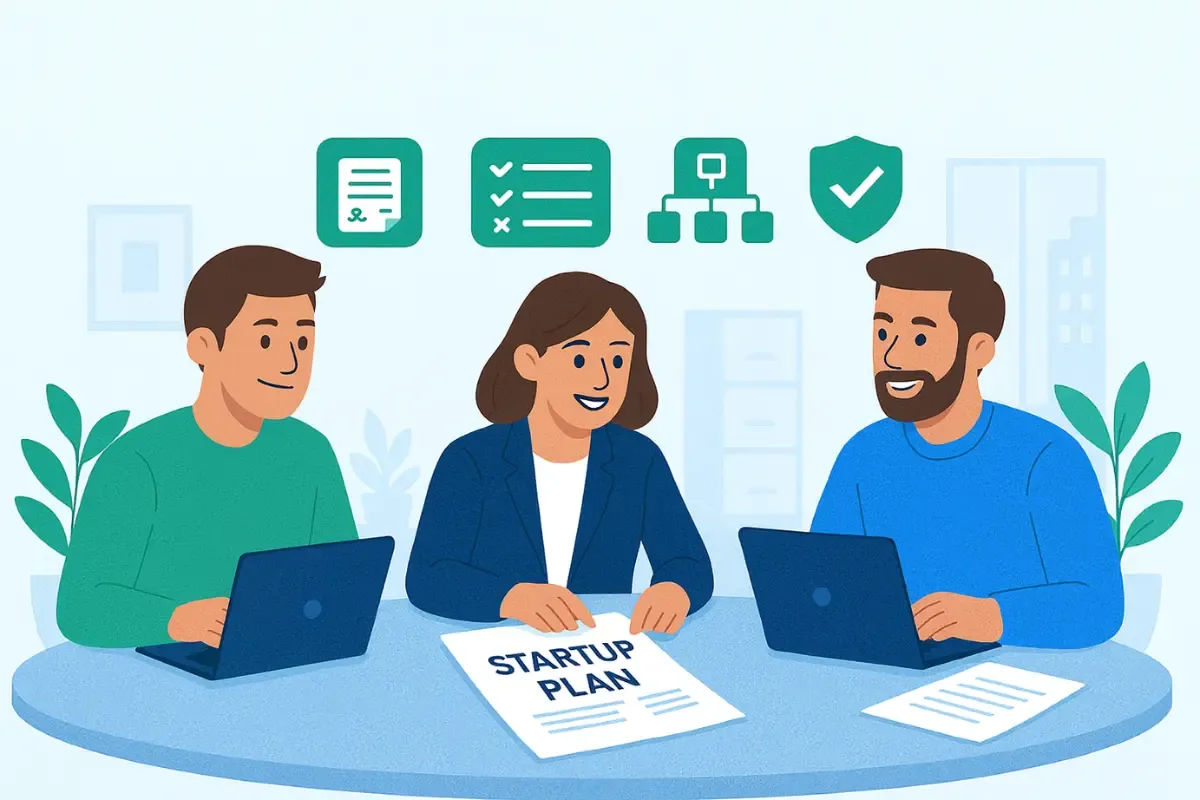 forming-a-business-with-multiple-founders.webp Multiple founders reviewing startup plan with business structure checklist and legal compliance icons