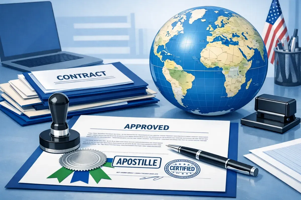 guide-to-apostille-services-for-corporations-and-llcs.webp Approved apostille certified document with official seal for international contracts showing apostille authentication process for corporations and LLCs doing foreign business