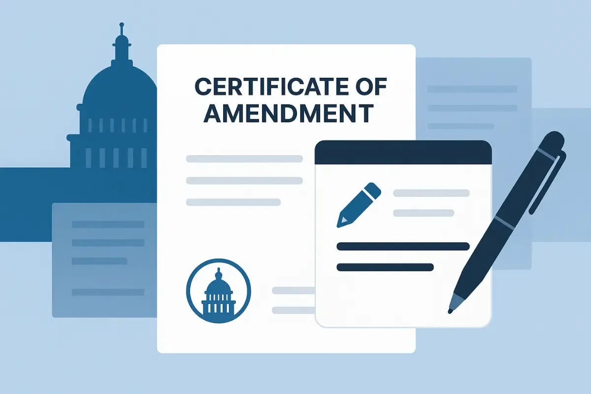Official certificate of amendment document showing business amendment form to change business name legally with state seal