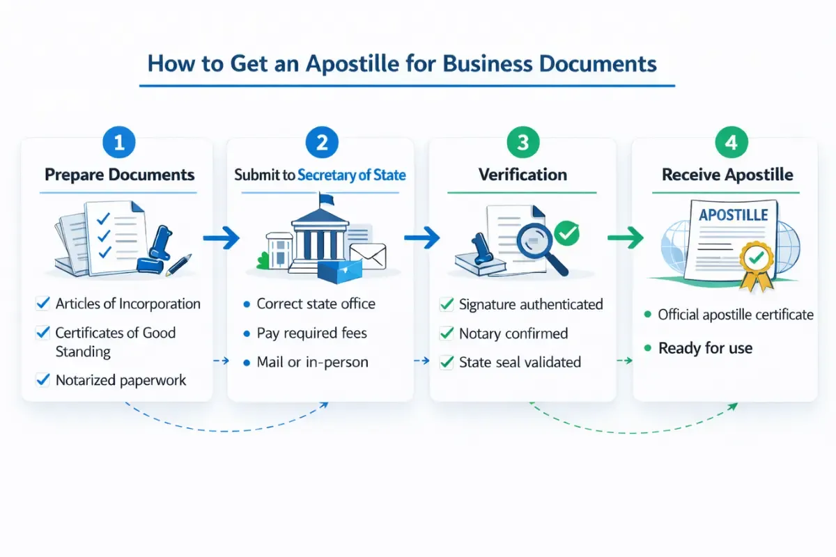 how-apostille-services-work-for-businesses.webp Step-by-step infographic showing how to get an apostille for business documents including articles of incorporation and certificates of good standing submitted to the secretary of state for authentication