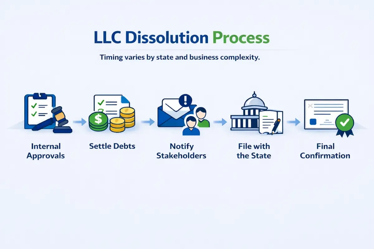 how-long-does-the-dissolution-process-take.webp How long does the LLC dissolution process take showing steps to dissolve an LLC: internal approvals, settle debts, notify stakeholders, file with state, and final confirmation.