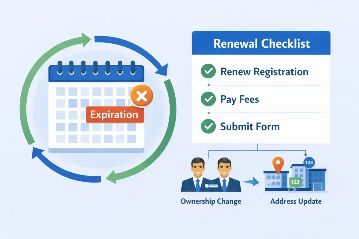 how-long-is-a-fictitious-business-name-valid.webp How long is a fictitious business name valid showing renewal checklist with expiration calendar and renewing a fictitious business name requirements for ownership and address changes.