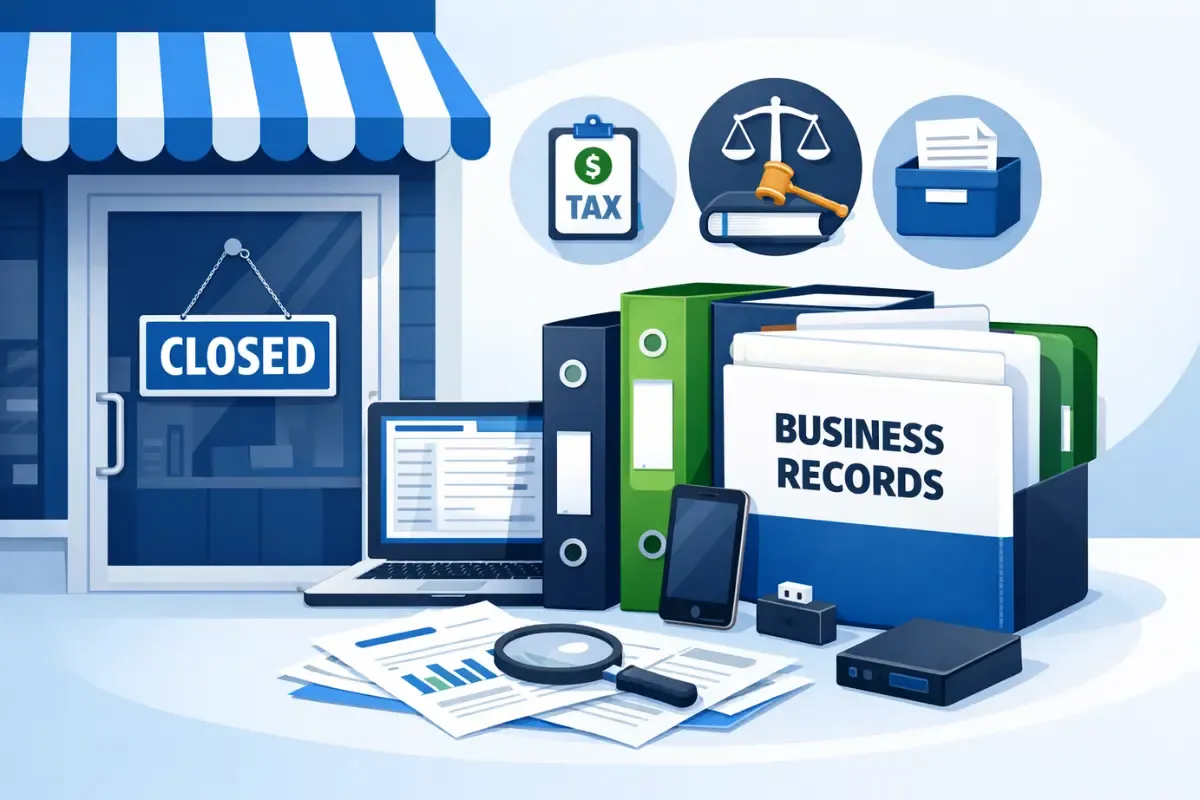 How long to keep business records after closing business showing tax, legal, and employee documents with business record retention schedule for closed businesses.