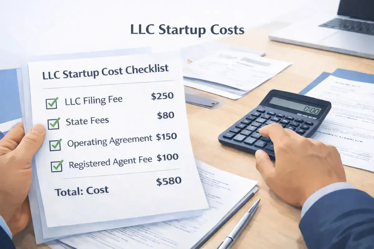 Small business owner researching how much it costs to start an LLC in 2026 including state filing fees, registered agent fees, and LLC formation service costs