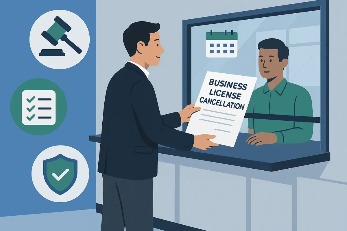 Business owner submitting business license cancellation form at government office to close business legally.