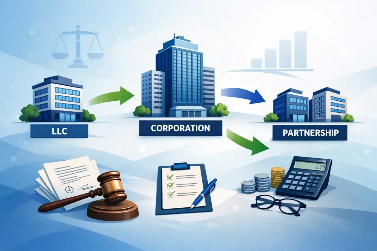 how-to-change-your-business-structure.webp How to change your business structure showing business restructuring from LLC to corporation partnership options with legal documents checklist and financial planning.