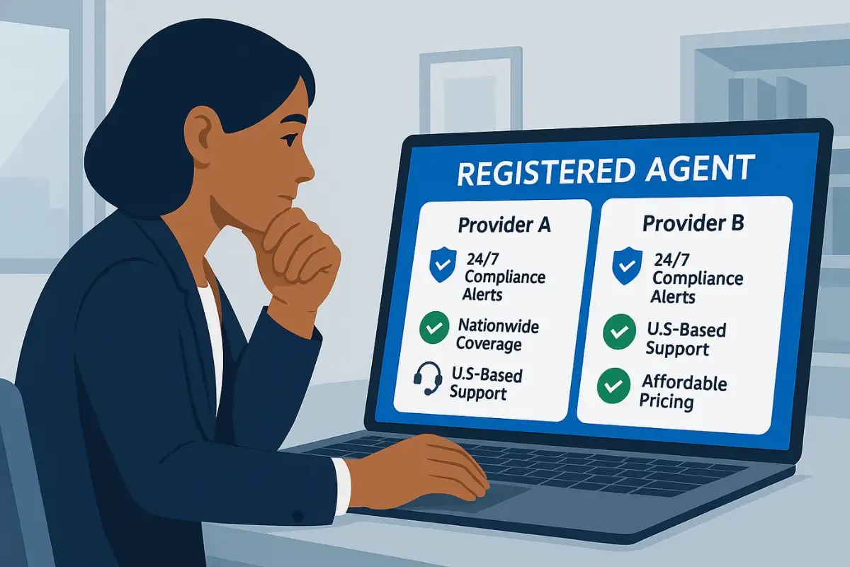 how-to-choose-the-right-registered-agent.webp Business owner comparing registered agent providers online showing key factors like nationwide coverage compliance alerts and customer support when choosing registered agent.