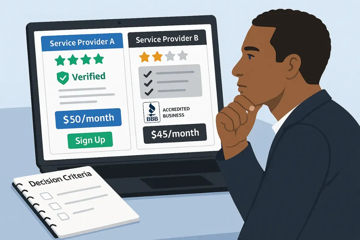 how-to-choose-the-right-service-provider.webp Entrepreneur evaluating registered agent service providers with pricing and ratings to choose best business compliance solution.