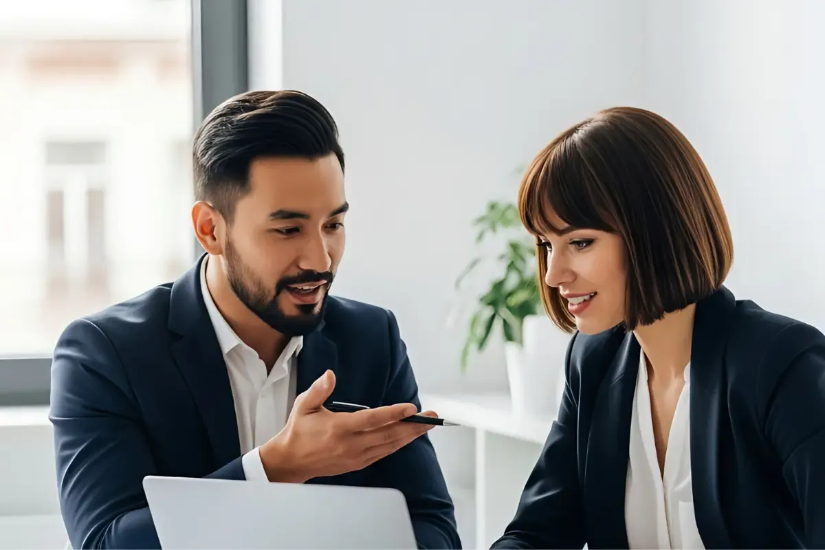 how-to-convert-an-llc-to-a-corporation-img.webp Business professionals consulting on how to convert LLC to corporation discussing statutory conversion and merger options