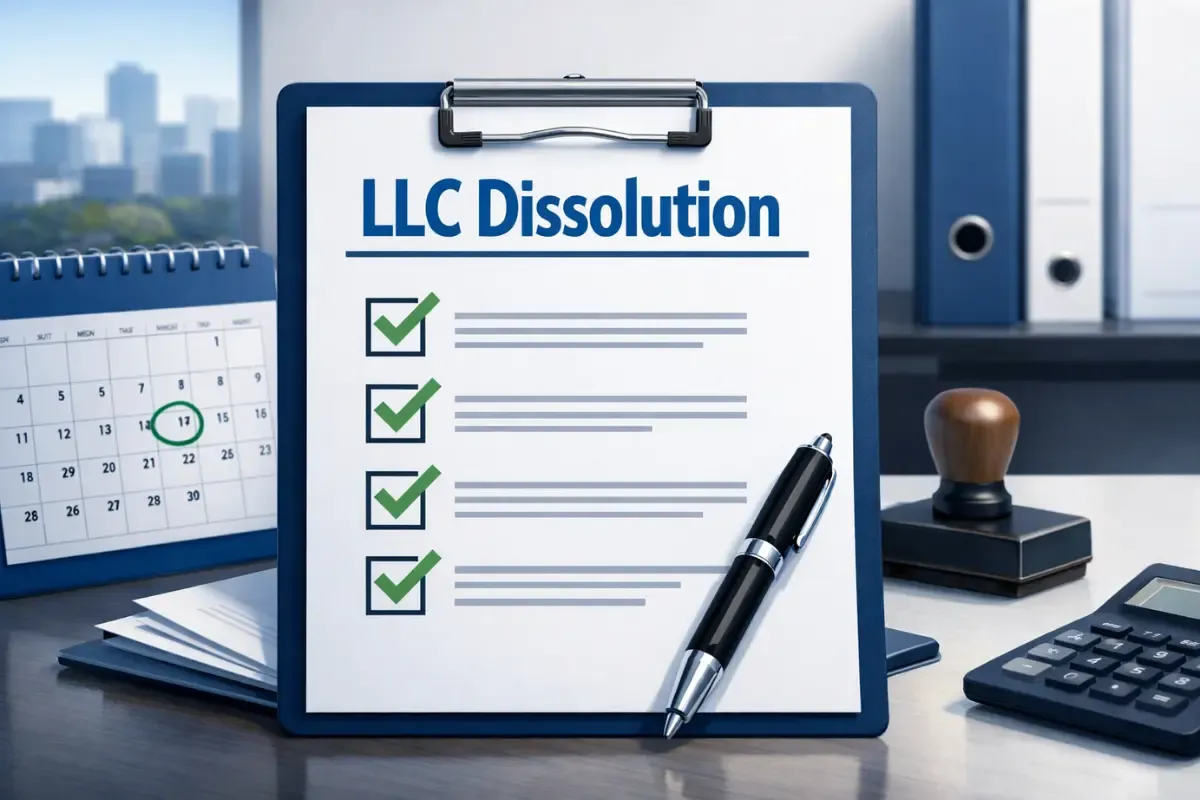 how-to-dissolve-an-llc.webp How to dissolve an LLC closure checklist on clipboard showing LLC termination requirements and steps for dissolving a limited liability company correctly.