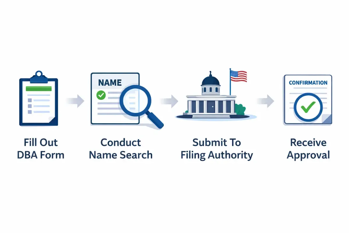how-to-file-a-dba-name.webp How to file a DBA name step by step process showing fill out form conduct name search submit to filing authority and receive approval for DBA registration.