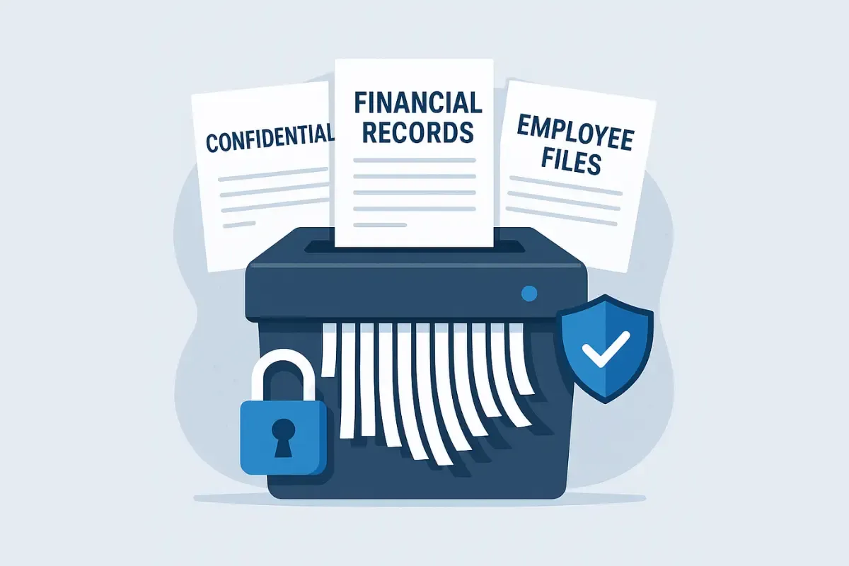 how-to-properly-dispose-of-business-documents.webp Secure document destruction and shredding of confidential financial records and employee files following document retention guidelines for business compliance.
