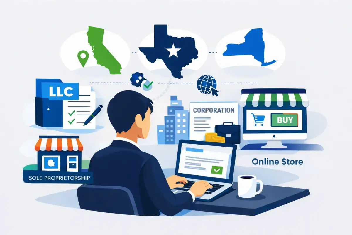 How to start a business online showing entrepreneur choosing between sole proprietorship LLC or corporation for ecommerce and online store registration.