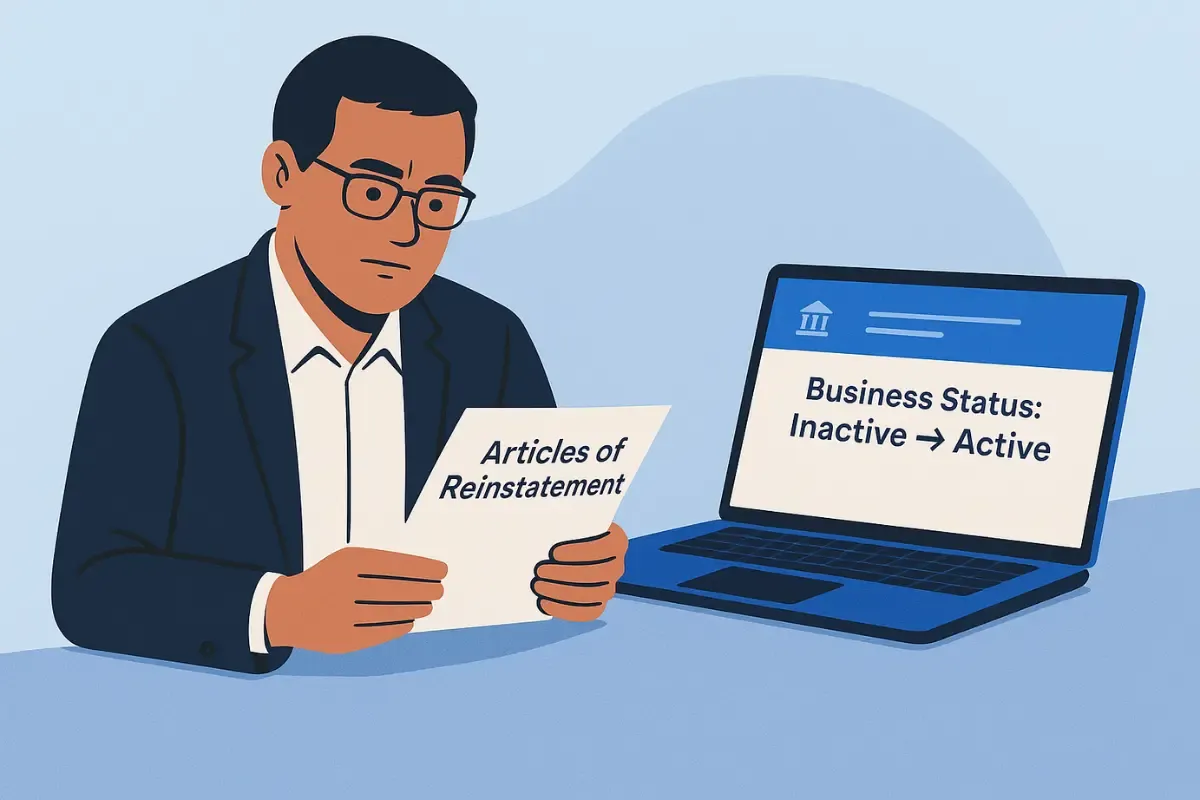 how-to-reinstate-a-dissolved-business.webp Business owner reviewing Articles of Reinstatement document with laptop showing business status changing from inactive to active after administrative dissolution.
