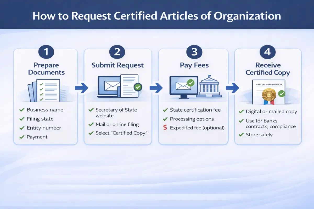 how-to-request-certified-articles-of-organization.webp tep-by-step infographic showing how to request certified articles of organization including preparing documents, submitting to secretary of state, paying certification fees, and receiving certified copy