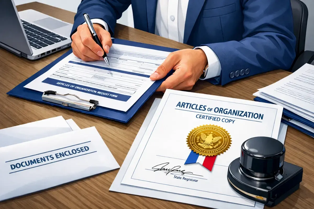 how-to-request-certified-articles-of-organization-for-your-business.webp Business professional completing articles of organization request form to obtain a certified copy of LLC formation documents stamped and signed by state registrar