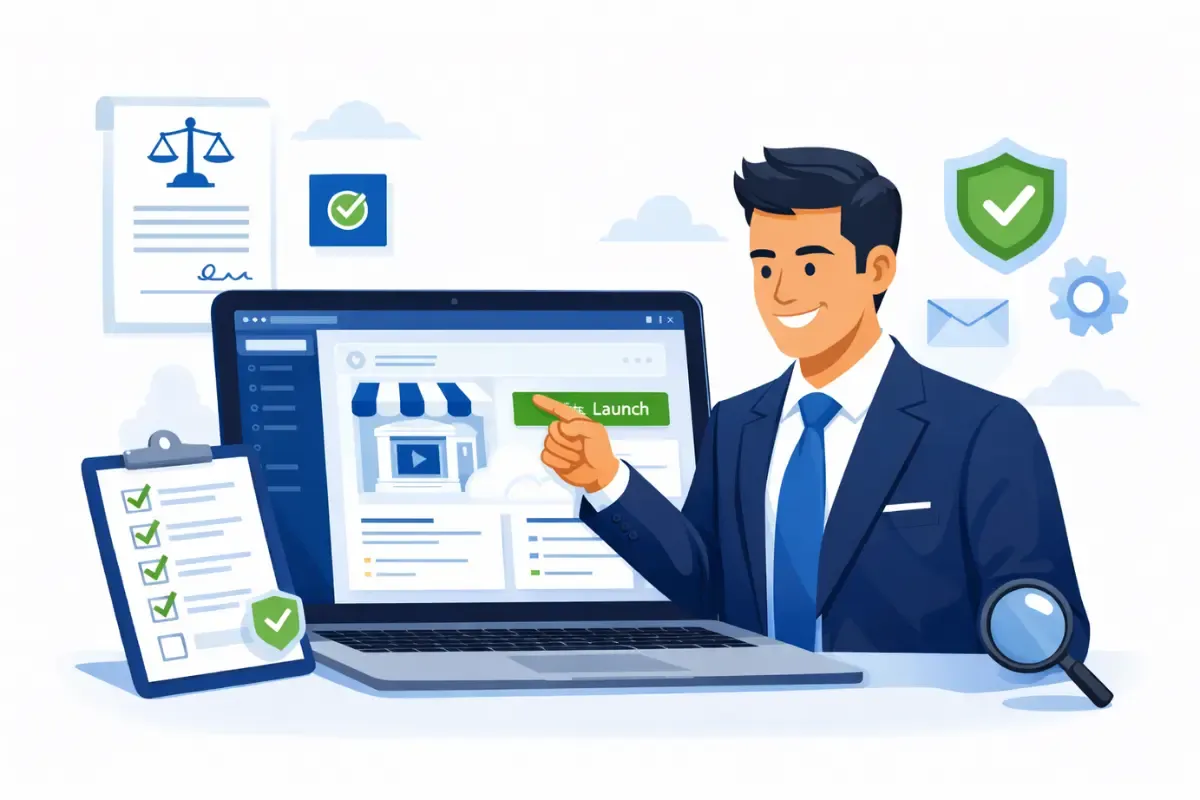 How to register your online business showing entrepreneur launching ecommerce store after meeting online business legal requirements and compliance.