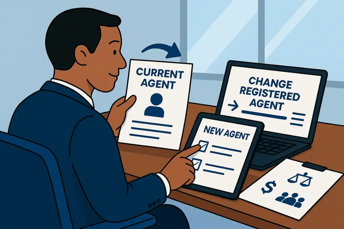 how-to-switch-registered-agent.webp Business owner completing change registered agent process transitioning from current agent to new registered agent provider with required legal documentation.