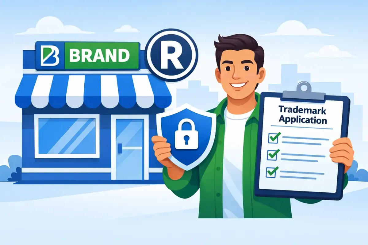 how-to-trademark-a-business-name.webp How to trademark a business name showing entrepreneur with trademark application checklist and registered brand protection for small business.