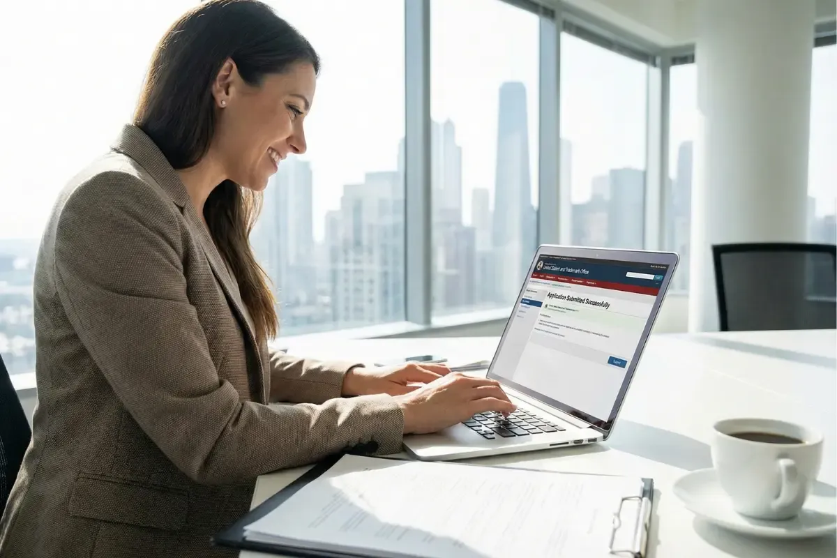 Business owner completing USPTO trademark filing process online following trademark application steps for brand name legal protection.