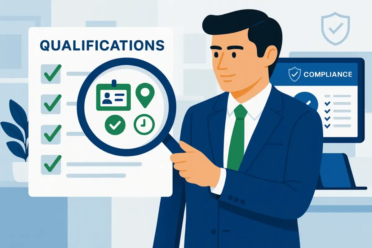 how-to-verify-a-registered-agent-qualifications.webp Business owner verifying registered agent qualifications with compliance checklist and state requirements.