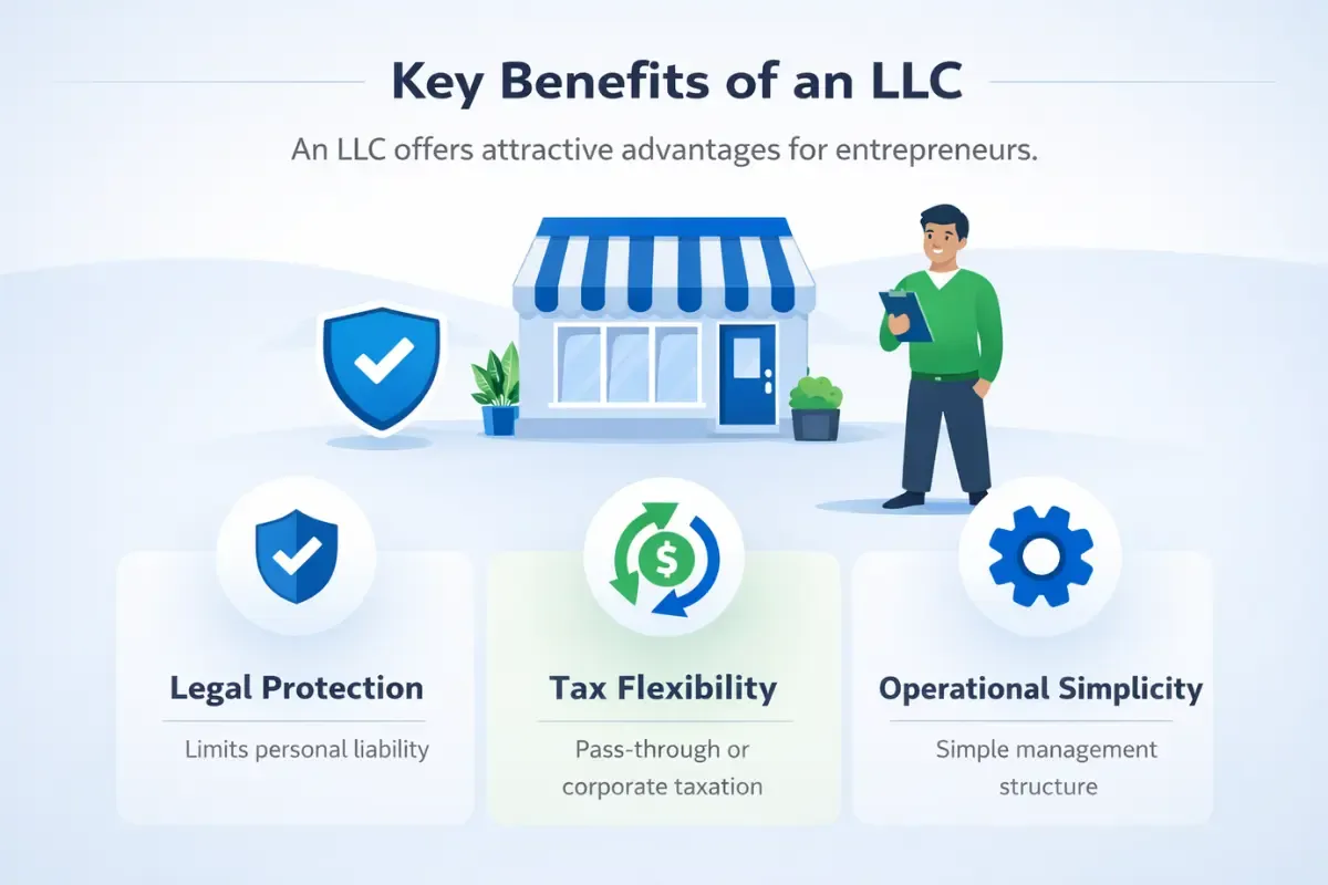 key-benefits-of-an-llc.webp Key benefits of an LLC for entrepreneurs including legal protection from liability tax flexibility and operational simplicity for small business owners.