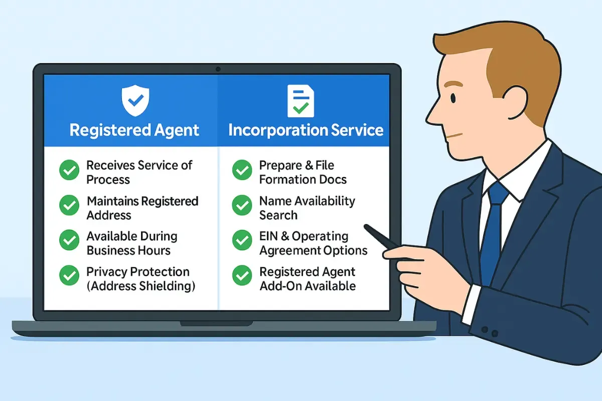 key-differences-between-registered-agents-and-incorporation-services.webp Business owner comparing registered agent services and incorporation service features on computer screen for LLC and corporation formation.