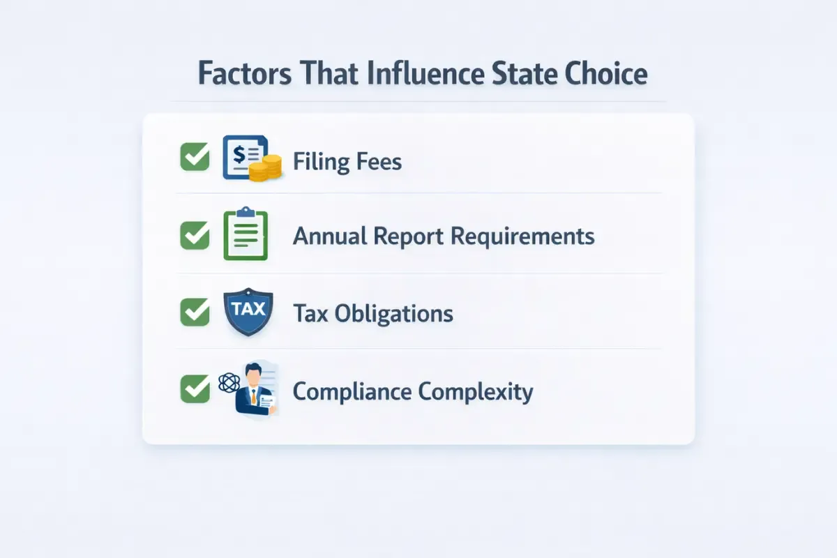key-factors-that-affect-state-choice.webp Key factors that influence which state is best for LLC for non-resident including filing fees annual report requirements tax obligations and compliance complexity.