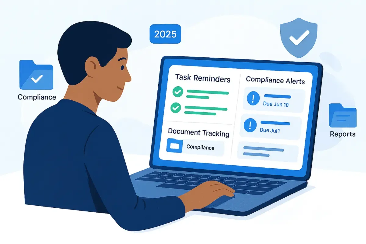key-features-to-look-for-in-compliance-tools.webp Business professional using compliance management software with automated task reminders, document tracking, and regulatory alerts for SMB compliance in 2025.