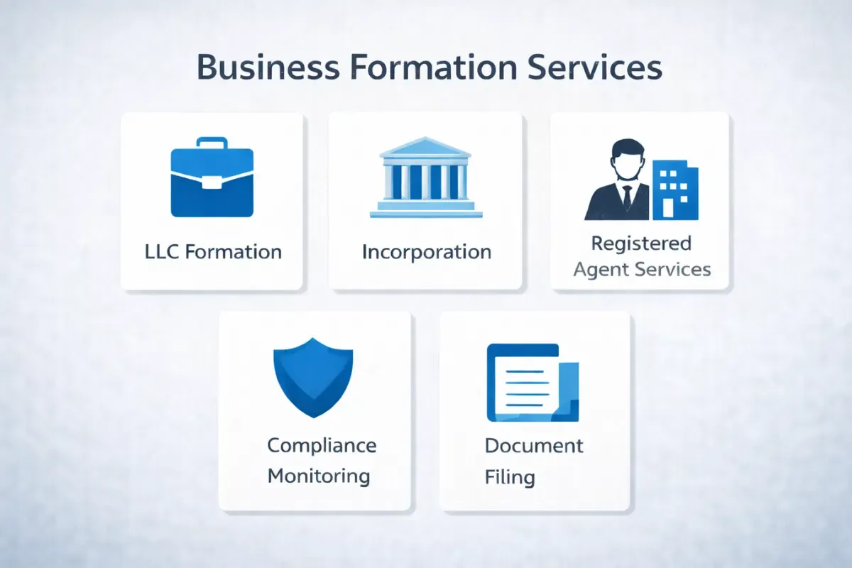 key-services-with-business-formations.webp Business formation services infographic showing key offerings including LLC formation, incorporation, registered agent services, compliance monitoring, and document filing for startups