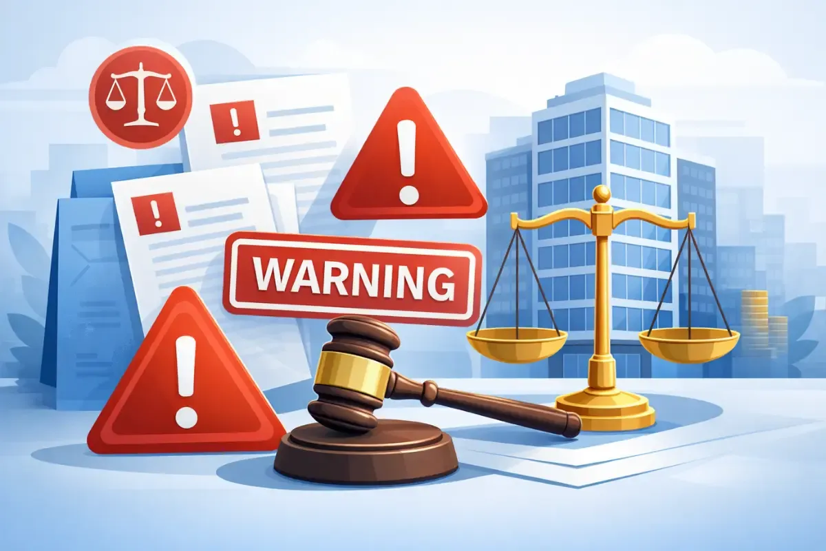 legal-and-operational-risks-of-missed-business-filings.webp Legal risks of not updating business records showing warning signs, gavel, scales of justice for missed annual compliance and corporate filing deadlines.