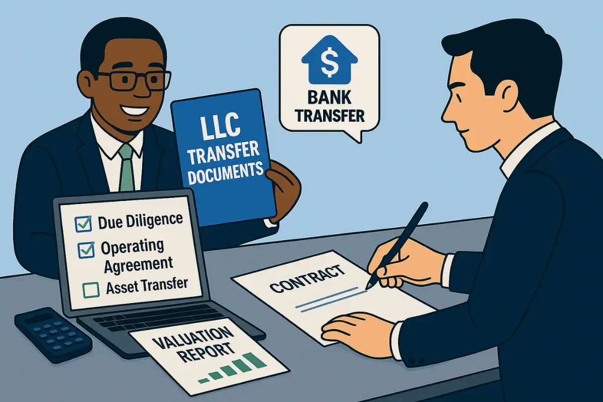 LLC ownership transfer process with business documents, valuation report, and due diligence checklist for selling limited liability company.