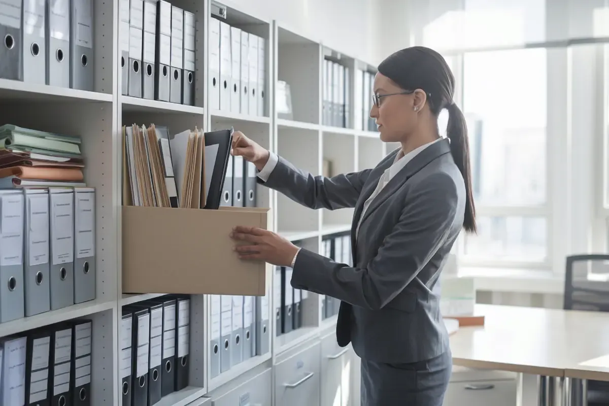 legal-business-documents-img.webp Professional businesswoman organizing legal documents in office filing system with structured binders and folders for business compliance.