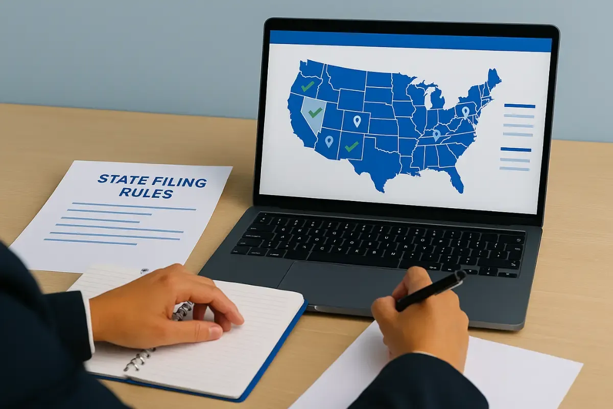 legal-requirements-by-state.webp Business professional researching state filing rules and registered agent requirements across different states for DIY registered agent compliance.
