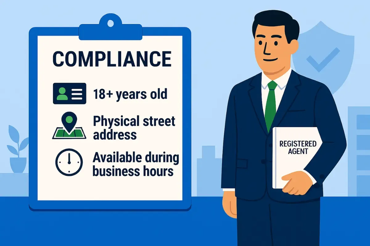 legal-requirements-for-registered-agents.webp Registered agent compliance requirements checklist showing age residency and physical address criteria.