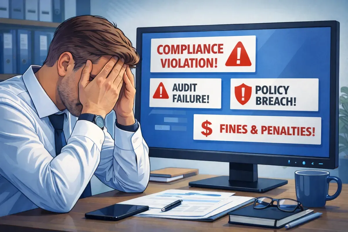 Legal risks of poor entity management showing compliance violations audit failures and fines from failing to maintain corporate compliance tracking and legal standing.