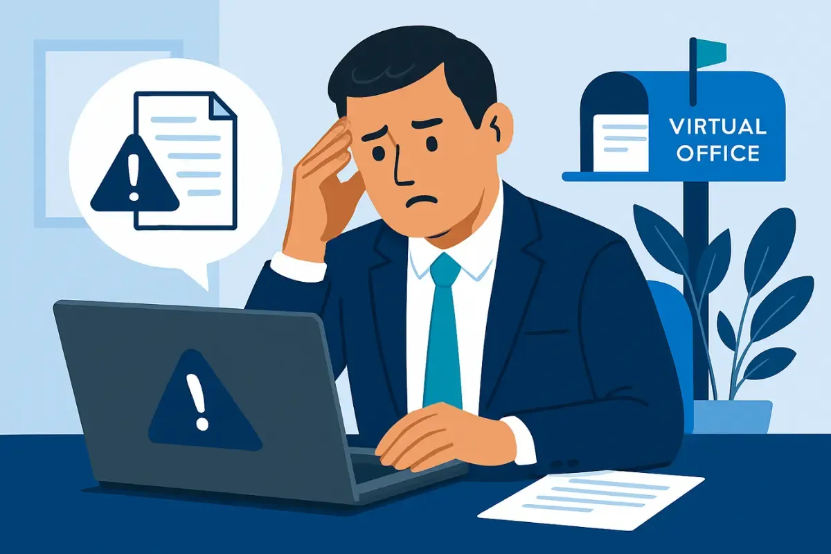 legal-risks-of-using-a-virtual-address.webp Legal risks of virtual office for LLC showing business owner concerned about virtual address compliance and missed legal documents