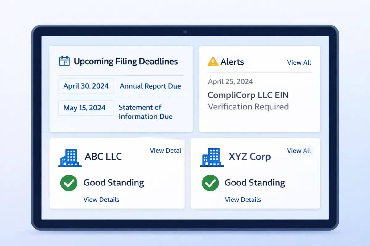 leveraging-technology-for-compliance-monitoring.webp Business compliance monitoring dashboard showing LLC and corporation good standing status, upcoming annual report filing deadlines, and EIN verification alerts