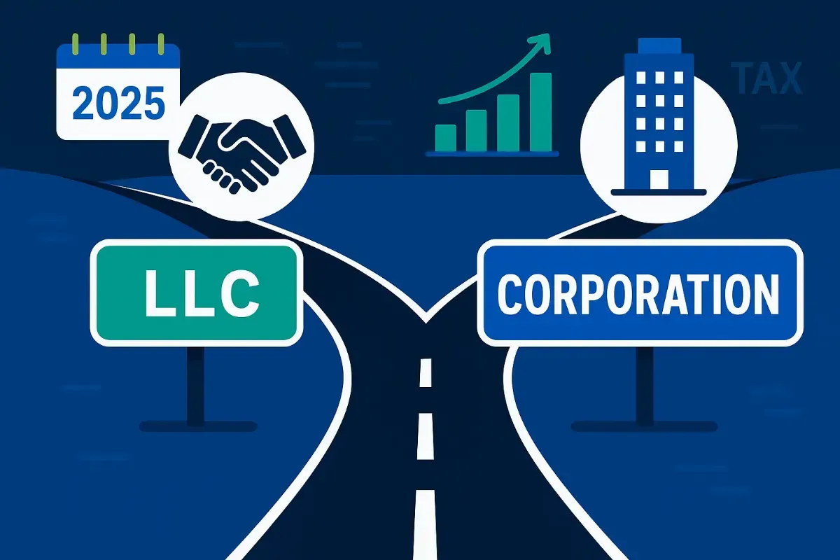 llc-and-corporation-roadmap.webp LLC and corporation business structure comparison showing growth opportunities tax considerations and partnership benefits for 2025 business formation decisions.