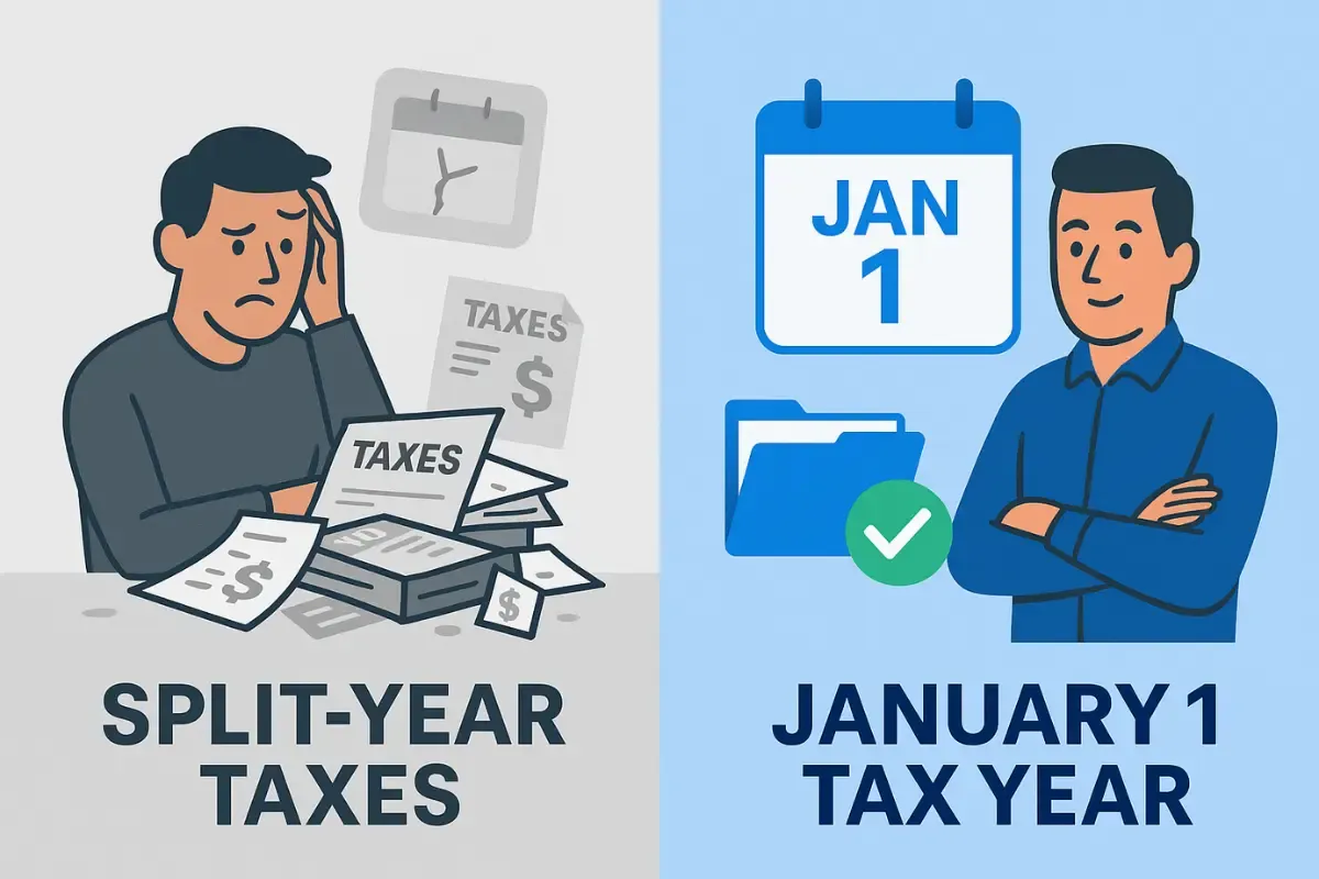 llc-delayed-effective-date-tax-simplification.webp Split-year taxes LLC complexity versus January 1 tax year simplification with delayed effective date filing.