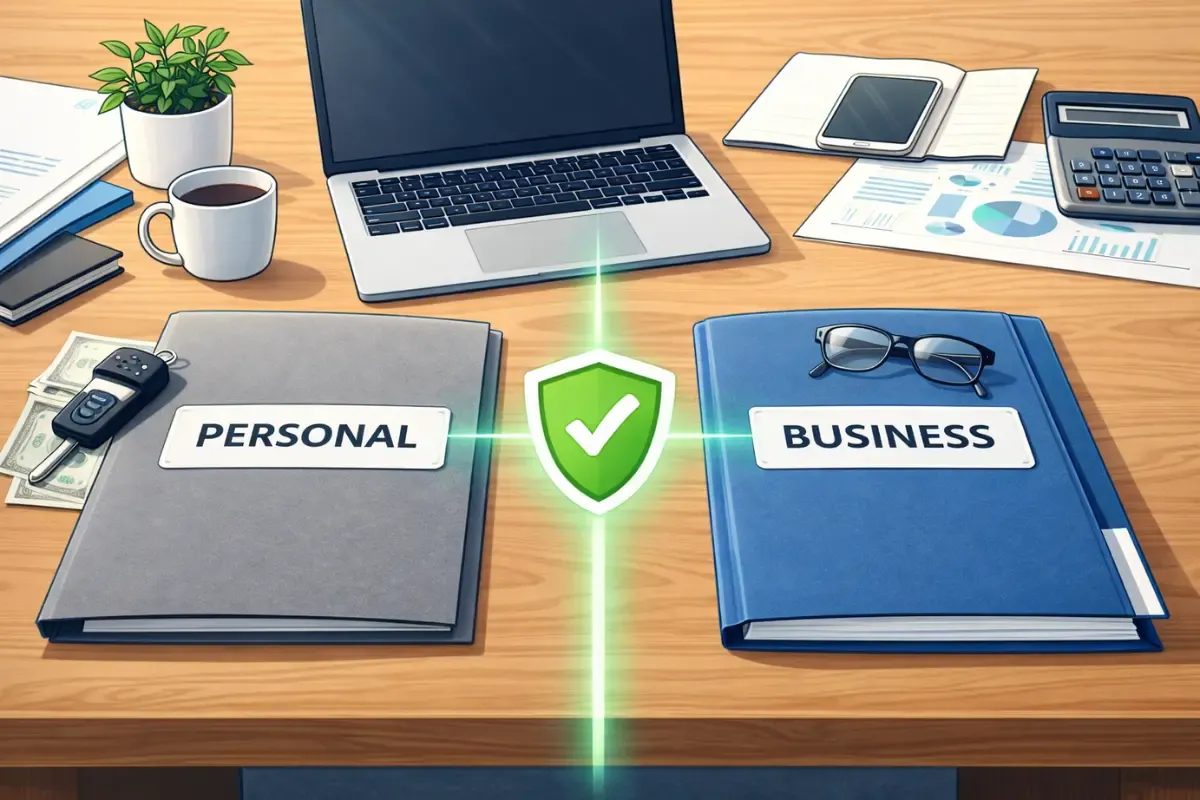 llc-entity-protection-personal-assets.webp Why form an LLC showing entity protection separating personal and business assets with shield protecting finances