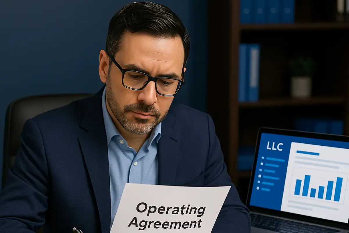 llc-operating-agreement-business-owner-reviewing-document.webp Business owner reviewing an LLC operating agreement document at a desk with a laptop displaying LLC dashboard.