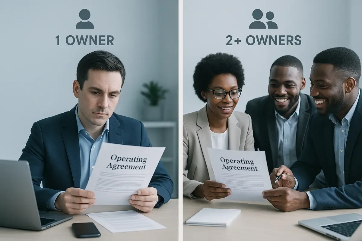 llc-operating-agreement-single-vs-multi-member-comparison.webp Split-screen comparison of a solo business owner and a team reviewing an LLC operating agreement, highlighting the differences between single-member and multi-member LLCs.