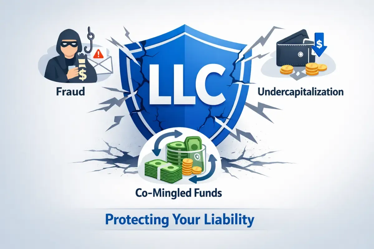 LLC corporate veil protection risks infographic showing how fraud, undercapitalization, and co-mingled funds can lead to piercing the corporate veil and personal liability