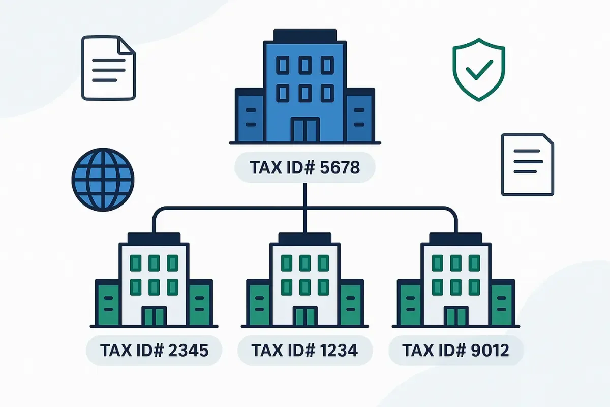 maintaining-legal-identity-across-multiple-entities.webp Parent company organizational chart showing tax ID structure for maintaining legal identity across multiple entities.