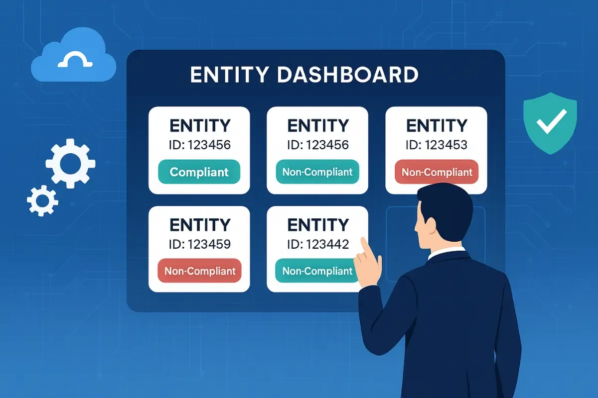 managing-legal-identities.webp Entity management dashboard showing compliance status for maintaining legal identity across business entities.
