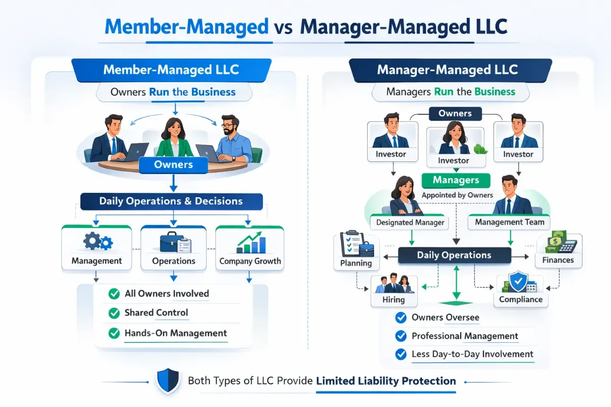 member-managed-vs-manager-managed.webp Infographic comparing member-managed vs manager-managed LLC management types showing owner roles, daily operations, and limited liability protection for both structures