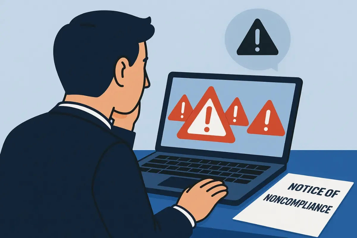 mistakes-that-can-cost-your-business-its-legal-standing.webp Business owner receiving noncompliance notice showing mistakes that cause loss of good standing and legal standing issues