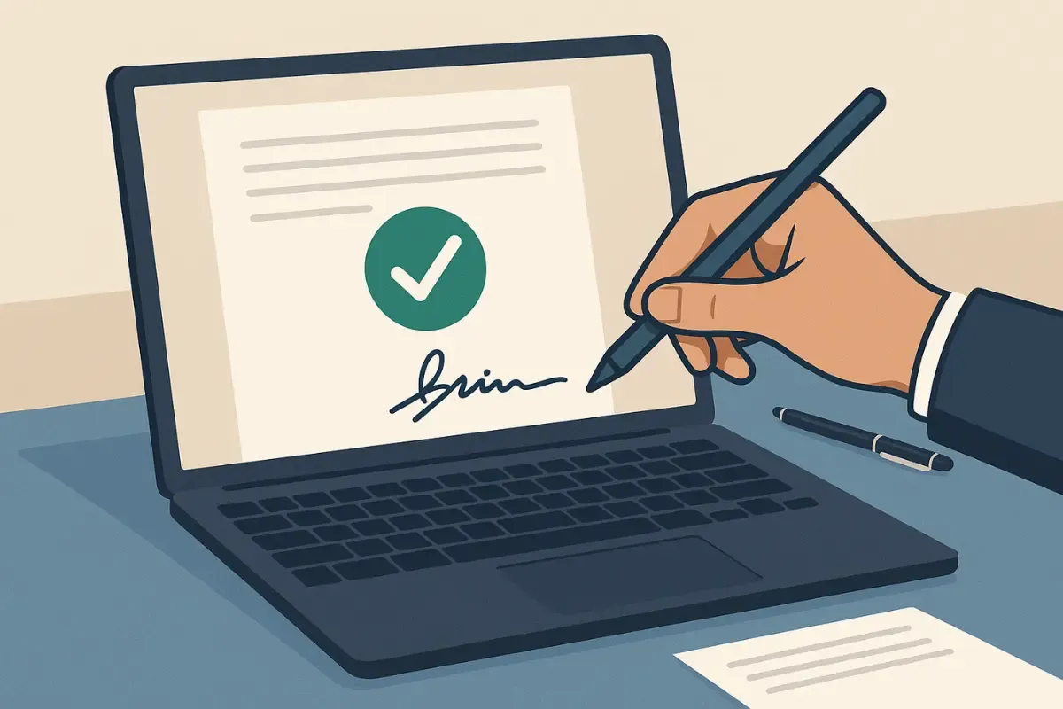 Digital corporate seal alternative showing electronic document authentication with digital signature for modern business compliance